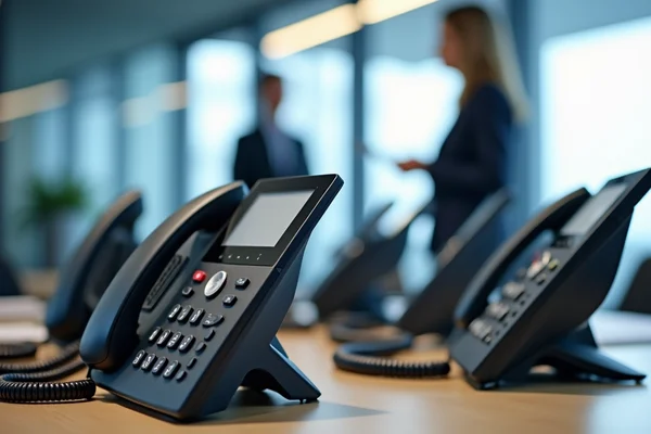 Modern IP phones on office desks with blurred business meeting in background showing communication technology