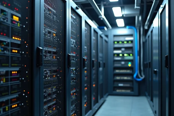 PABX system installation with neatly organized wiring and control panel in server room