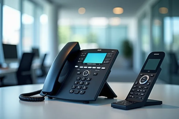 VoIP phone system with handset and central control unit in modern office setting