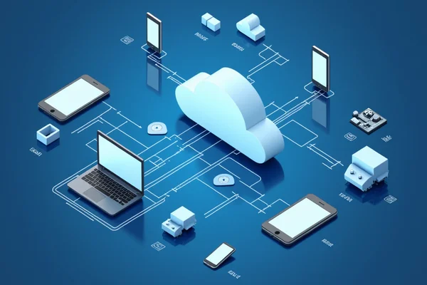 Cloud-based phone system with mobile integration showing phones and tablets connected to central system