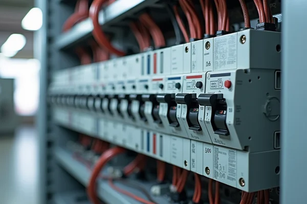 Three-phase power distribution panel with circuit breakers and wiring in commercial setting
