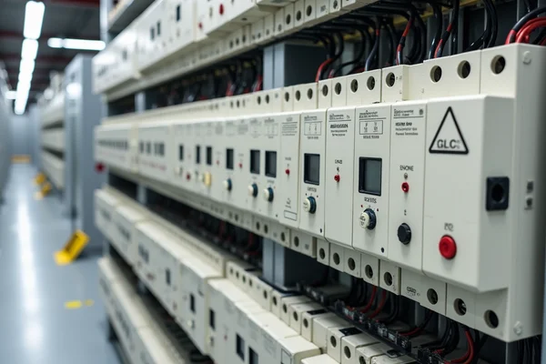 Three-phase distribution board installation with circuit protection devices in industrial setting