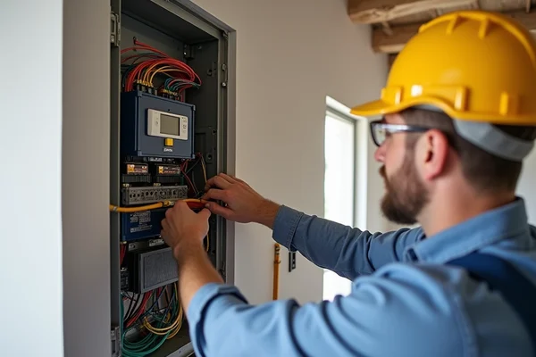 Commercial three-phase wiring being installed by licensed electrician in new construction