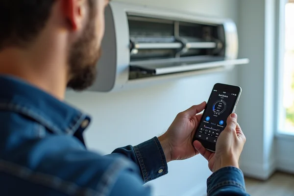 Technician connecting smart device to air conditioning system for remote control