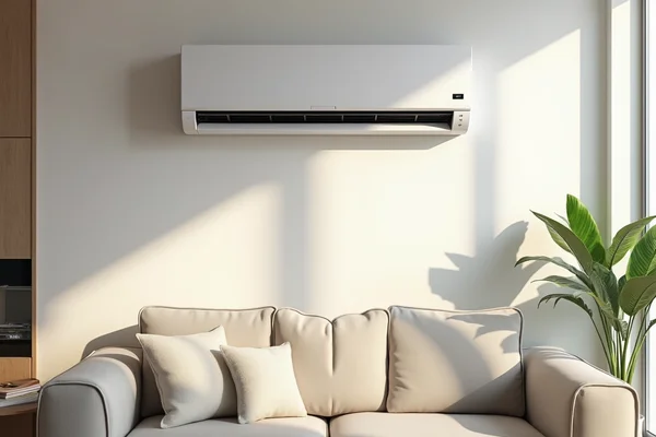 Split system air conditioner mounted on wall in modern living room