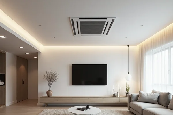 Ducted air conditioning vent in ceiling of modern home living room