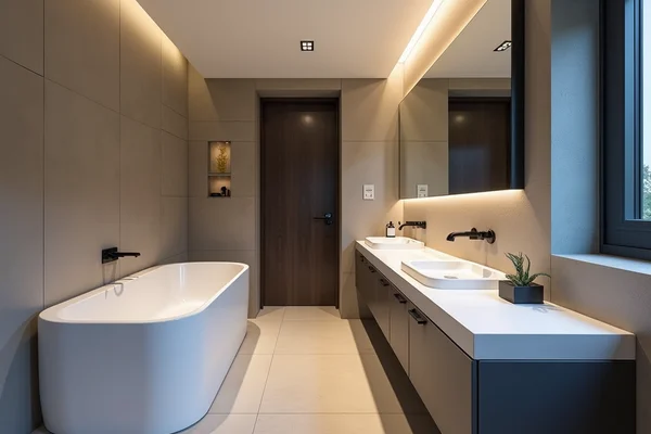 Modern bathroom with LED lighting and smart technology integration showing stylish design and functionality