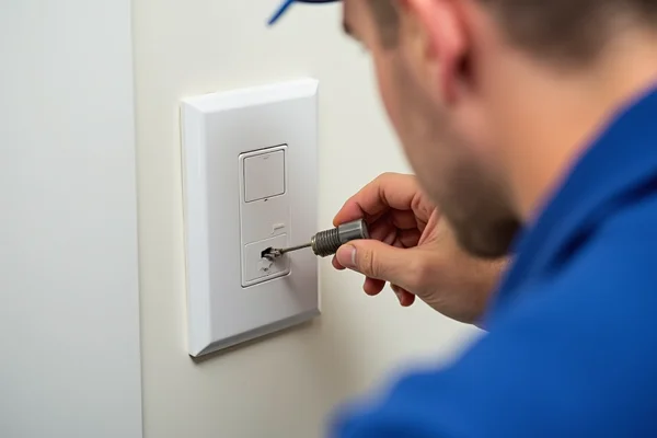 Electrician installing properly positioned power points in bathroom according to Australian safety regulations
