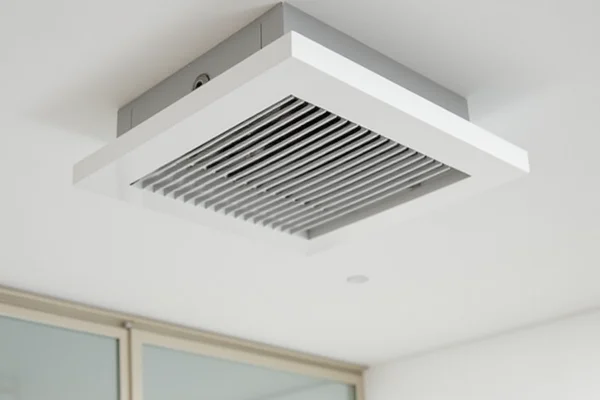 Modern bathroom exhaust fan with humidity sensor being installed in ceiling