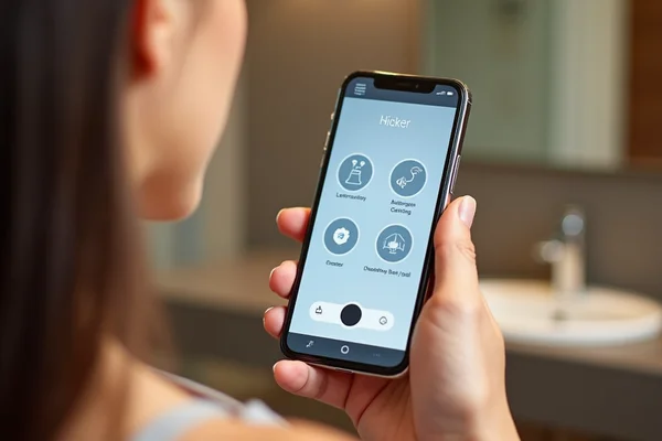 Mobile device controlling smart bathroom features including lighting, fan, and heated floor