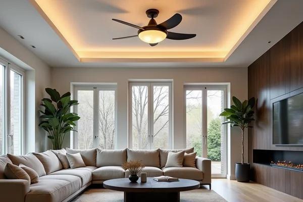 Modern ceiling fan with light fixture installed in a stylish living room