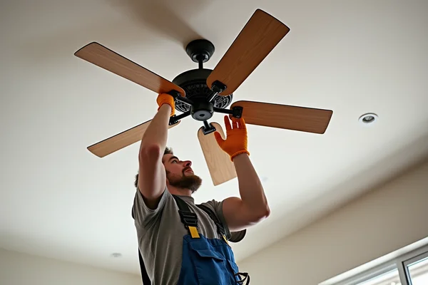 Installation of new ceiling fan by electrician with proper tools and safety equipment