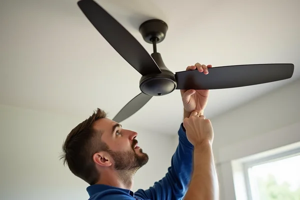 Electrician replacing old ceiling fan with new modern energy-efficient model