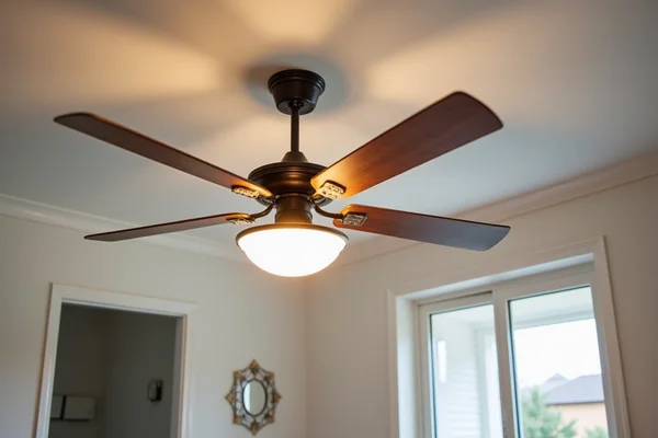 Ceiling fan with integrated lighting being installed in bedroom