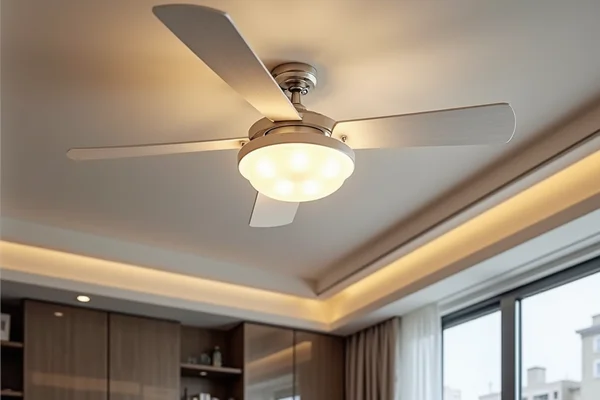 Premium modern ceiling fan with integrated LED light and remote control in modern home