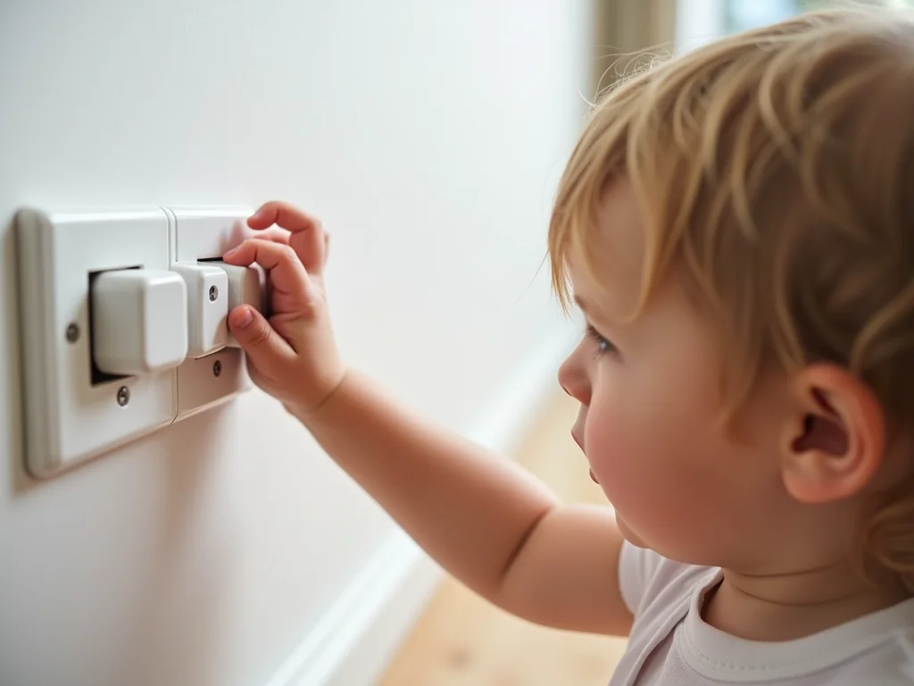Various types of child-safe power points and protective covers for homes with young children on white background