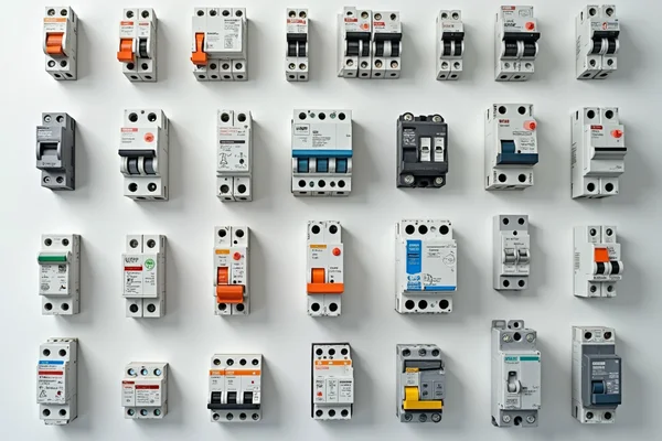 Various types of modern circuit breakers arranged neatly including standard, AFCI, and GFCI models