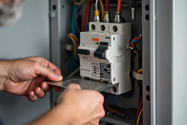 Close-up of electrician installing standard single-pole circuit breaker in residential electrical panel