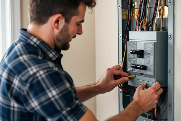 Professional electrician installing high-amperage circuit breaker for home with multiple large appliances