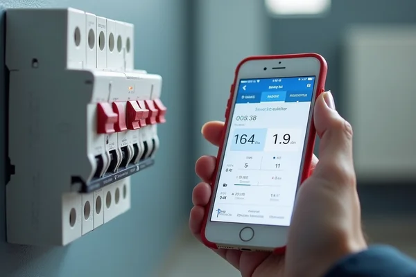 Smart circuit breaker being monitored via smartphone app showing power consumption data