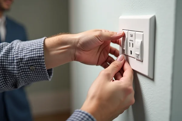 Electrician installing GFCI circuit breaker for bathroom circuit to prevent electric shock hazards