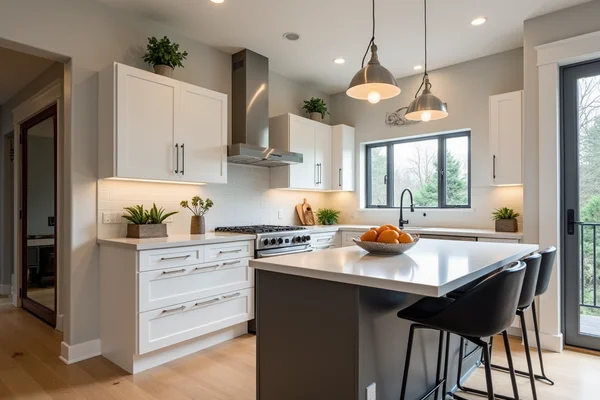 Modern kitchen with updated electrical system and smart lighting integration during renovation