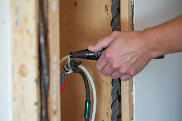 Electrician installing new wiring during home renovation, visible wall studs with new electrical cables