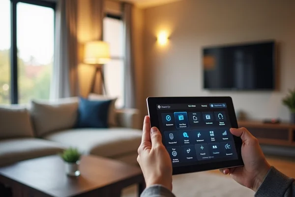 Smart home integration showing tablet controlling lights and appliances in renovated living room