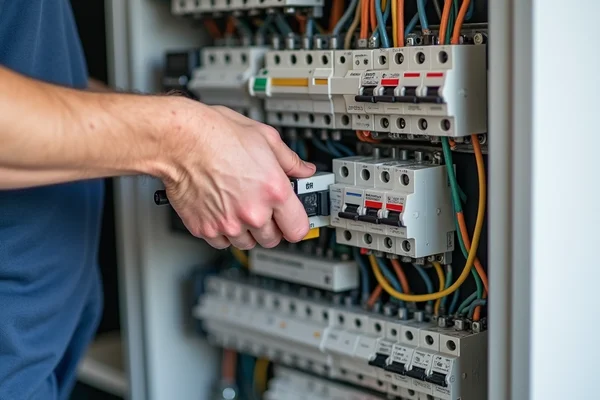Installation of electrical safety switches and circuit breakers in modern switchboard during renovation
