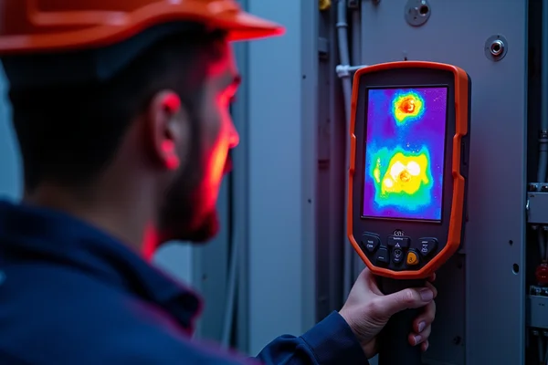 Close-up of electrician inspecting switchboard with thermal imaging camera
