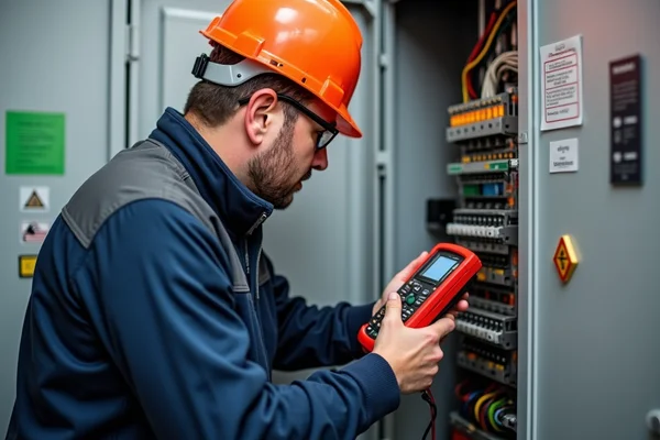 Electrician examining electrical panel during emergency call-out, using specialized testing equipment
