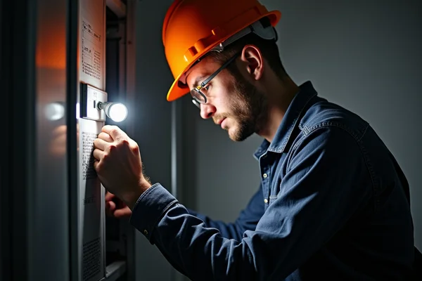 Electrician restoring power during outage, working on main electrical panel with flashlight