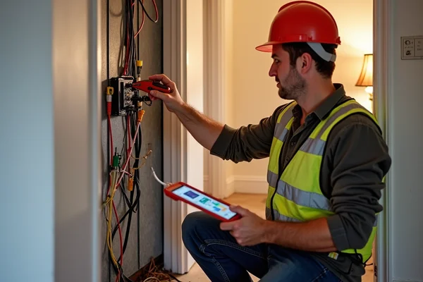 Emergency repair of exposed wiring hazard in residential home, electrician using safety equipment