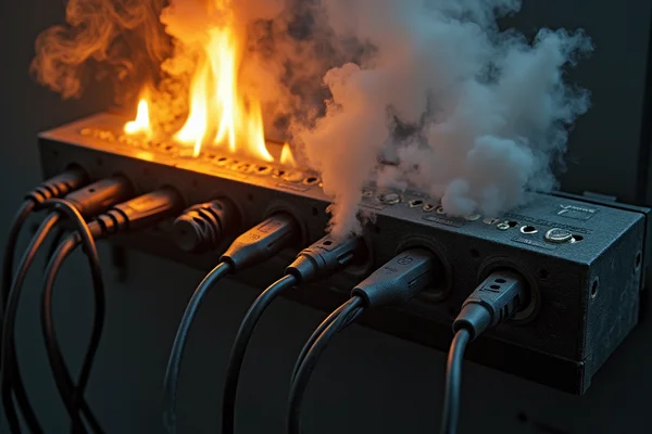 Overloaded power board with multiple devices plugged in, creating fire hazard, smoke visible