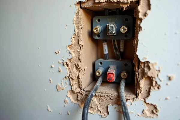 Damaged electrical wiring in wall with visible wear and exposure, requiring emergency repair