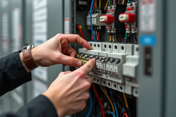 Safety first: emergency electrical shutdown procedure demonstration with main switch in electrical panel