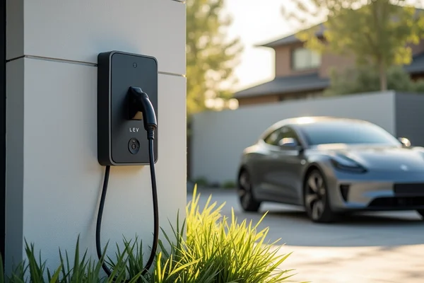 Modern EV charger installed on exterior wall of home with electric vehicle parked nearby