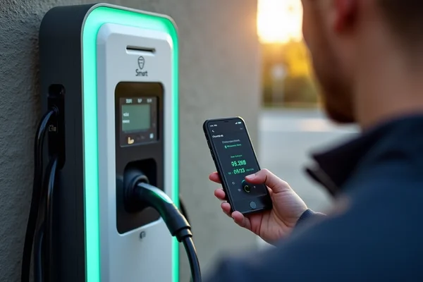 Smart EV charging station with app control being set up on smartphone by electrician