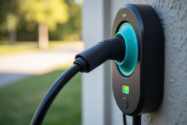 Level 1 EV charger plugged into standard wall outlet in residential garage