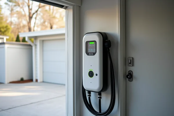 Wall-mounted level 2 EV charger with J1772 connector installed in home garage