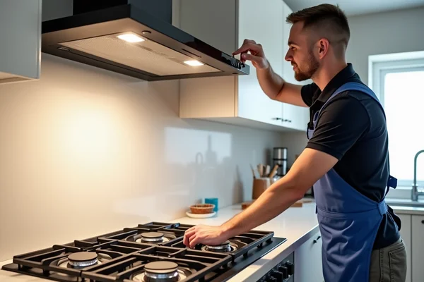 Kitchen rangehood exhaust fan being installed above stove by technician