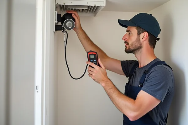 Electrician repairing bathroom exhaust fan in home, testing functionality