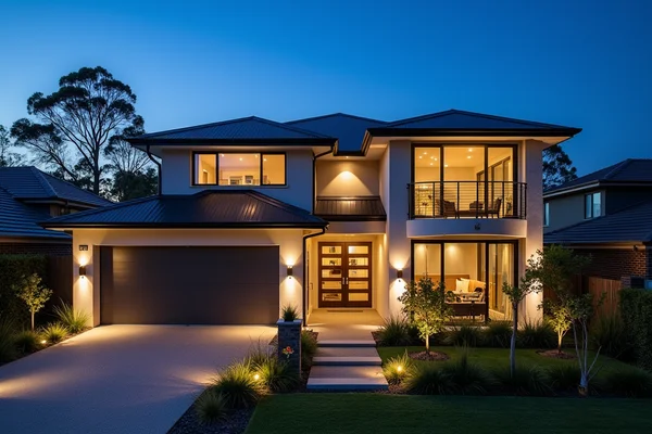 Modern home in Australia, showcasing exterior with professional landscape lighting highlighting garden features and architectural elements at dusk