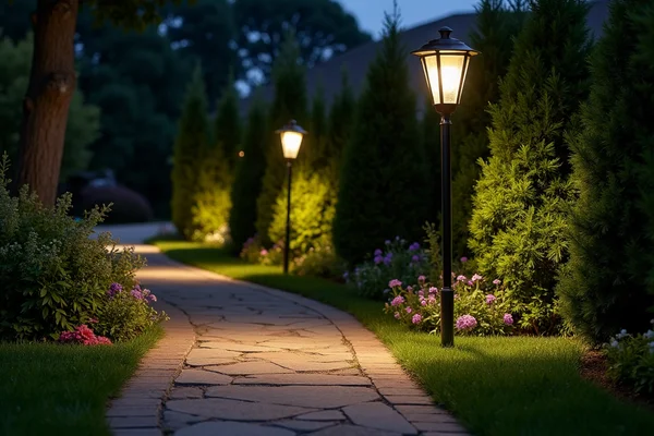 Professional installation of pathway lighting in a residential garden creating safe, illuminated walkways