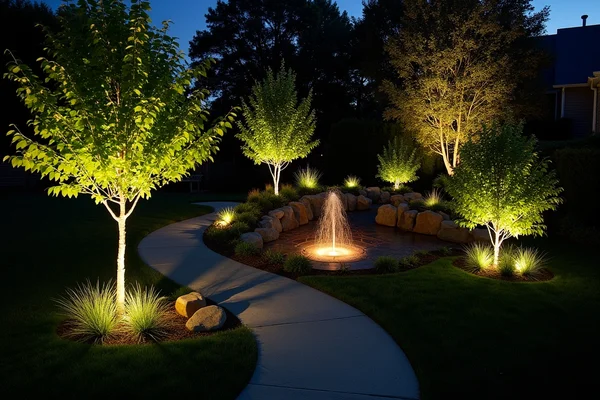 Accent lighting highlighting trees, plants and water features in garden at night creating dramatic shadows