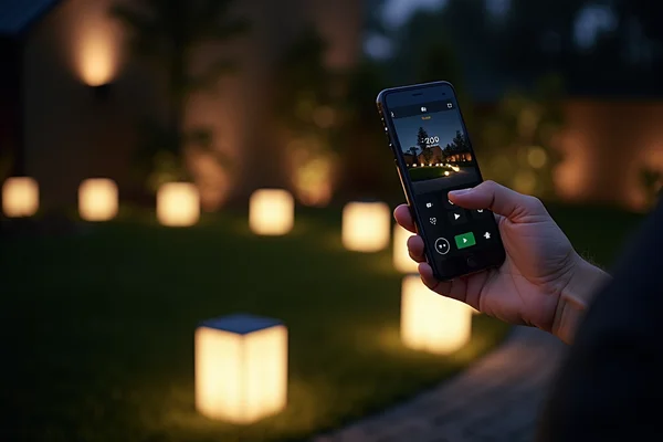 Demonstration of smart outdoor lighting control system with smartphone app controlling garden lights