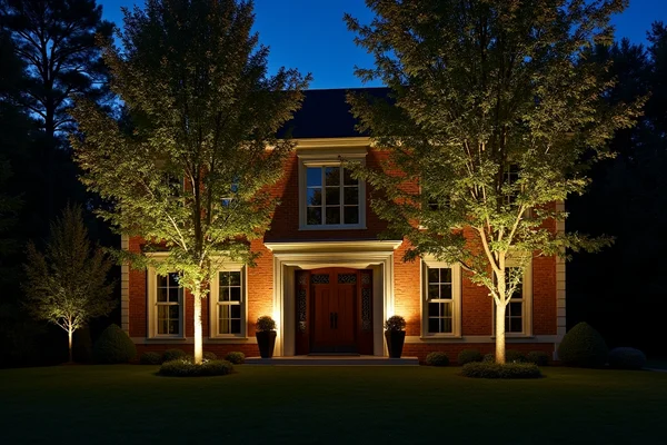 Uplighting on trees and architectural features of home creating dramatic shadows and highlighting textures