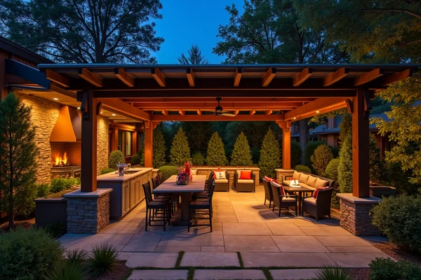 Outdoor living area with ambient lighting creating a warm and inviting atmosphere for evening entertainment