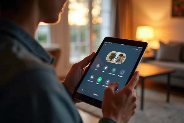 Person controlling smart home features using tablet interface in living room with smart lighting