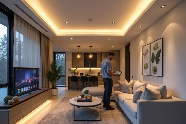 Technician installing smart lighting system in modern home living room with recessed lights
